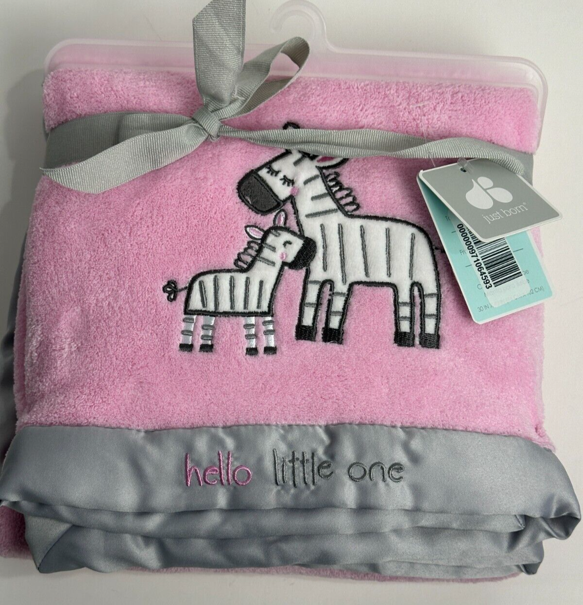 NWT Just Born Hello Little One Pink Zebra Plush Baby Blanket Grey