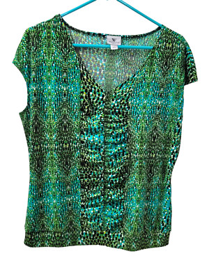 Worthington Women's Sleeveless Top Green Black Confetti Ruched Large Stretch
