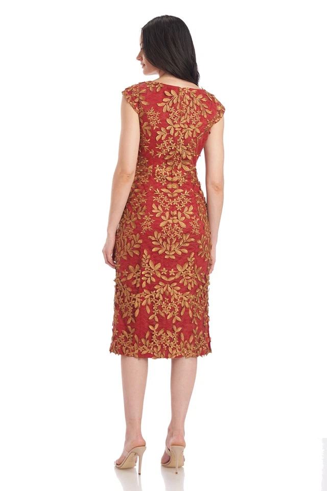JS COLLECTIONS Red Gold 3D Leaf Embroidered Mesh Illusion V-Neck Dress 8 = M 💖 - Image 2 of 4