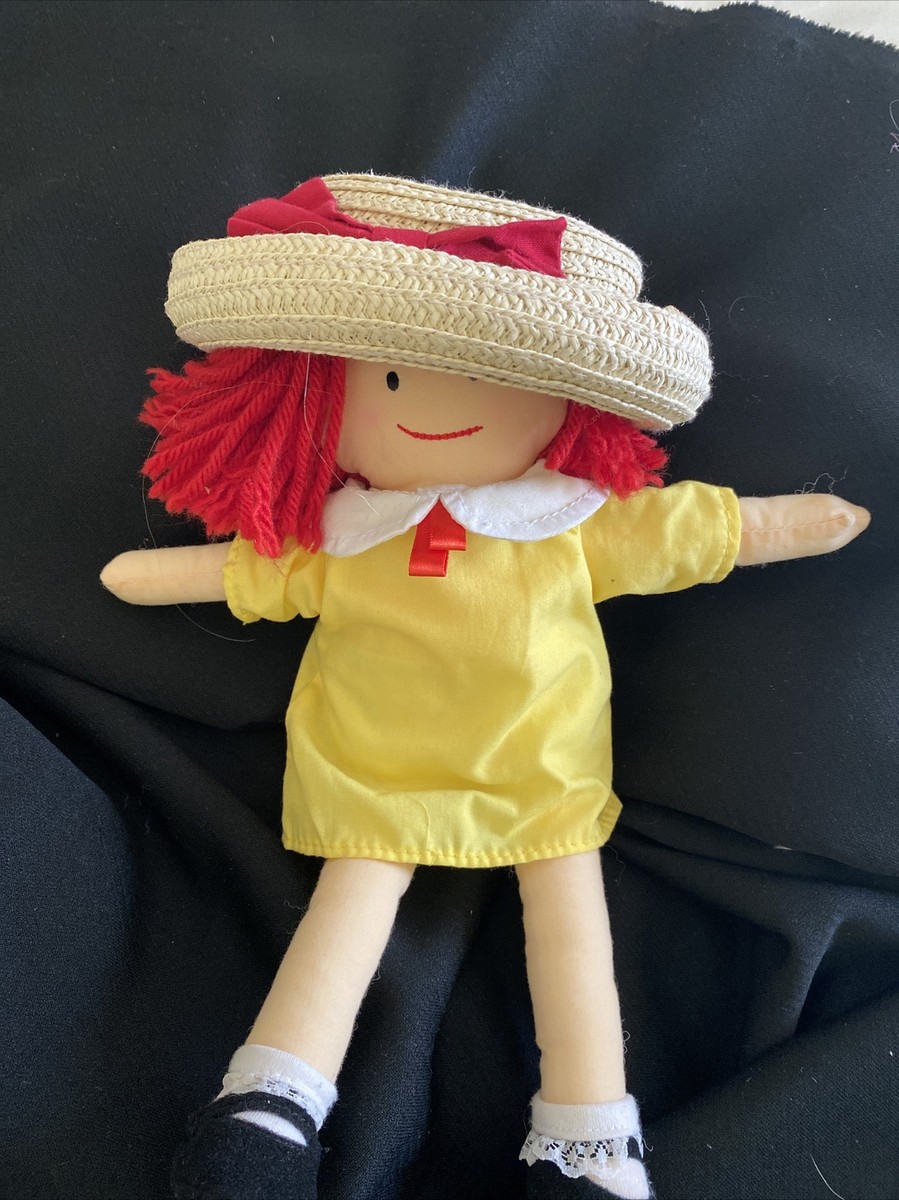 Vintage Madeline Doll 2002 Yellow dress Straw hat red pigtails Madeline  Logo 8”