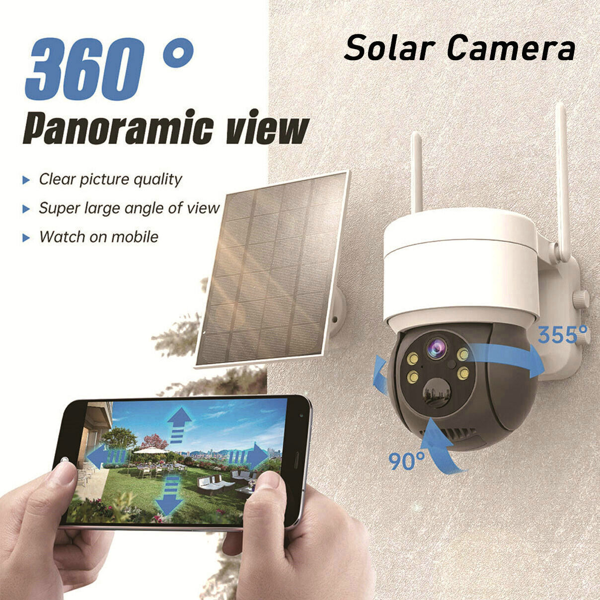 1080P 360° Wireless WiFi Solar PTZ Outdoor Security Camera