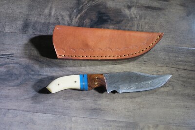 Sweet Damascus Caping knife w/bone,stone & wood stock& leather sheath hand made 