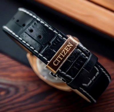 Citizen Eco-Drive Rose Gold Sapphire Crystal Black Dial Leather