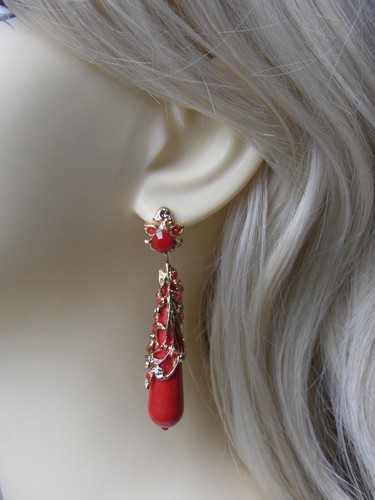 Boucles D'Oreilles Femme Verre de Murano Rouges D'Or Style Liberty Vintage - Photo 7 sur 11