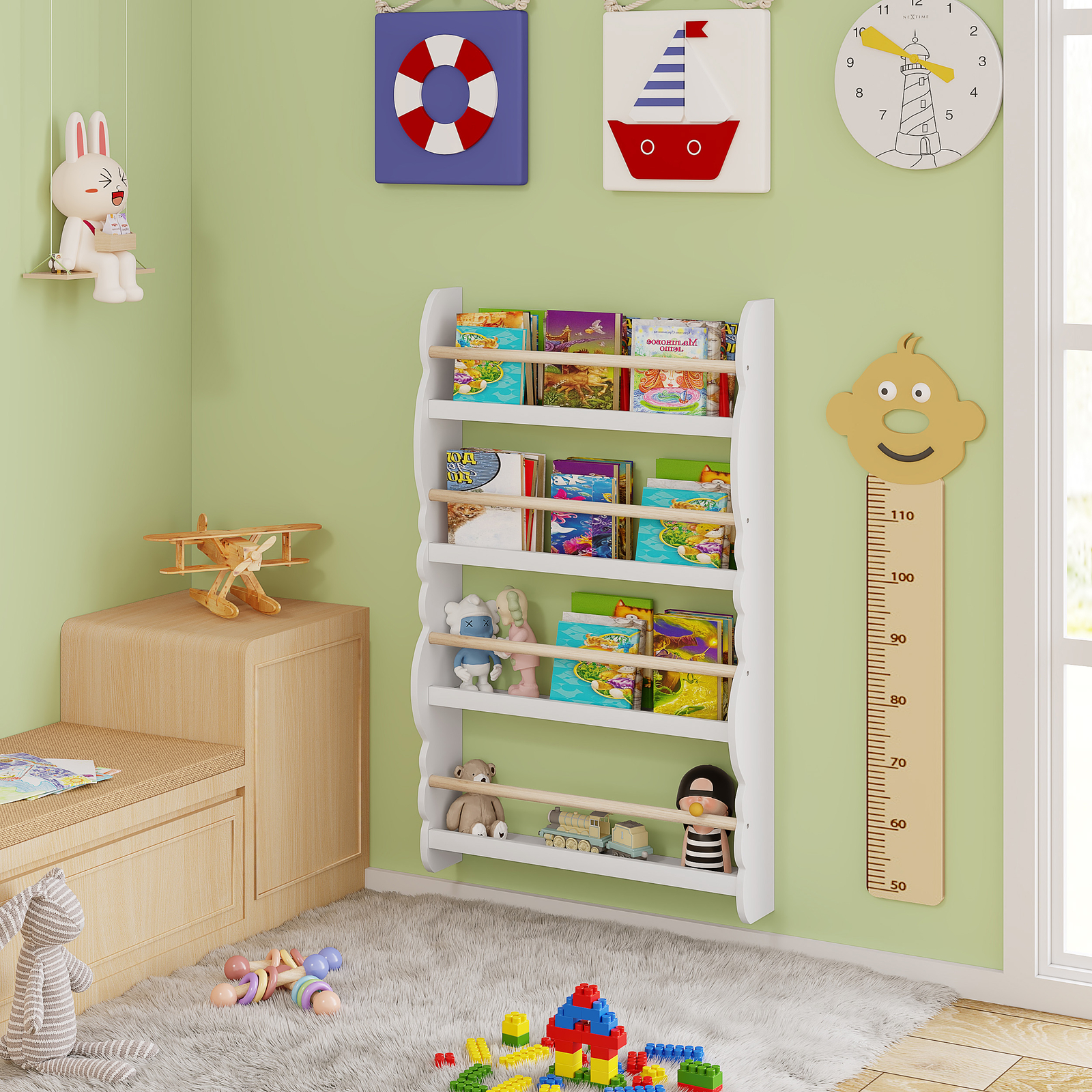 KIZYRQ Bücherregal Kinder, Wandregal Mit 5 Ablagen, 50x10x145cm Kinderregal Für Bücher Spielzeug, Hängeregal Dekoregal, Lagerung Bücherregal Rack Wand Spielzimmer Für Kinder Und Erwachsene Holzfarbe