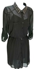 Women's Lily Rose Black Shirt Dress Sz L Sheer Lined Studded Collar 3/4 Sl NWT