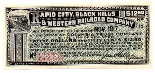 OBSOLETE 1917 RAPID CITY, BLACK HILLS & WESTERN RAILROAD Co. BOND $12.50 SDakota - 第 1/9 張圖片