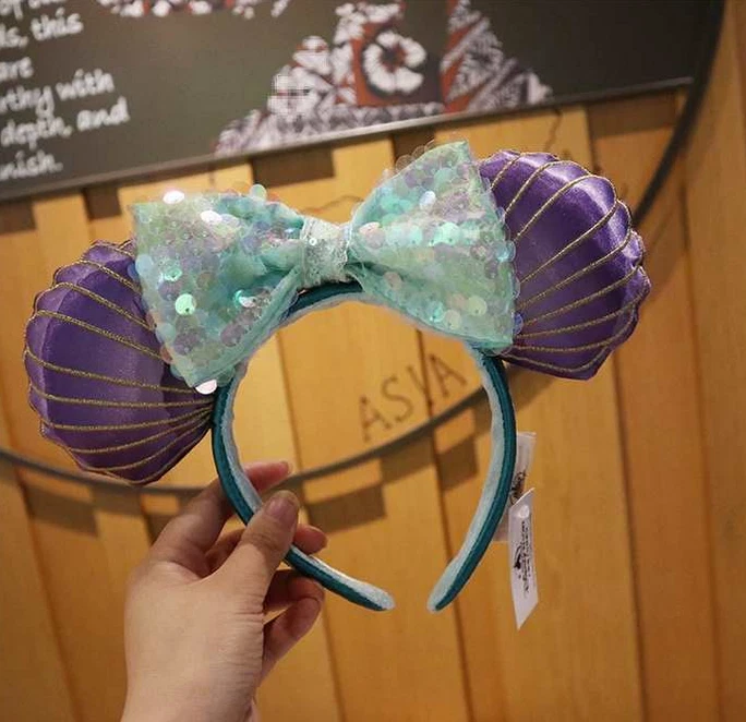 Auténticas orejas de los parques de Disney Sirenita Ariel púrpura iridiscente orejas de Minnie Foto 2 de 4
