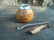  Mate Gourd Hand Made  Cup Bombilla Straw Engraving Map PANAMA BONUS Spoon