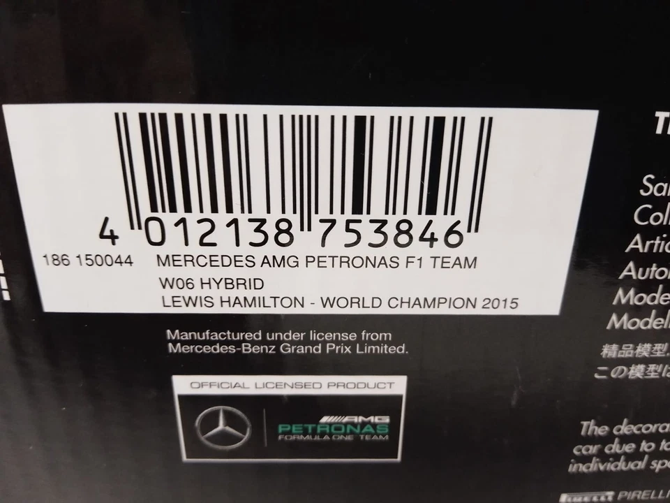 Minichamps Mercedes W06 #44 Lewis Hamilton Campeón del Mundo 2015 1/18 186150044 Foto 3 de 3
