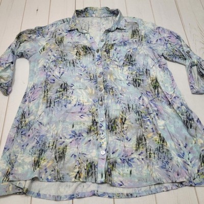 Blue sky linen and bamboo botanical button down top shirt