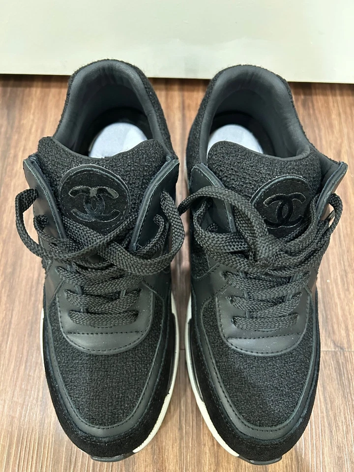 Chanel Black Suede Leather & Tweed Trainer Shoe Size 37 G35617 - Image 4 of 4