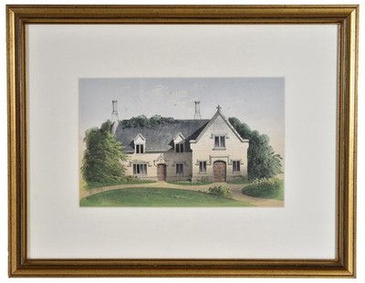Vintage Framed Architectural Cottage Rendering   Classic Country Home Scene