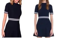 Sandro Women's Small Navy Blue and White High Neck Mini Rayana Dress