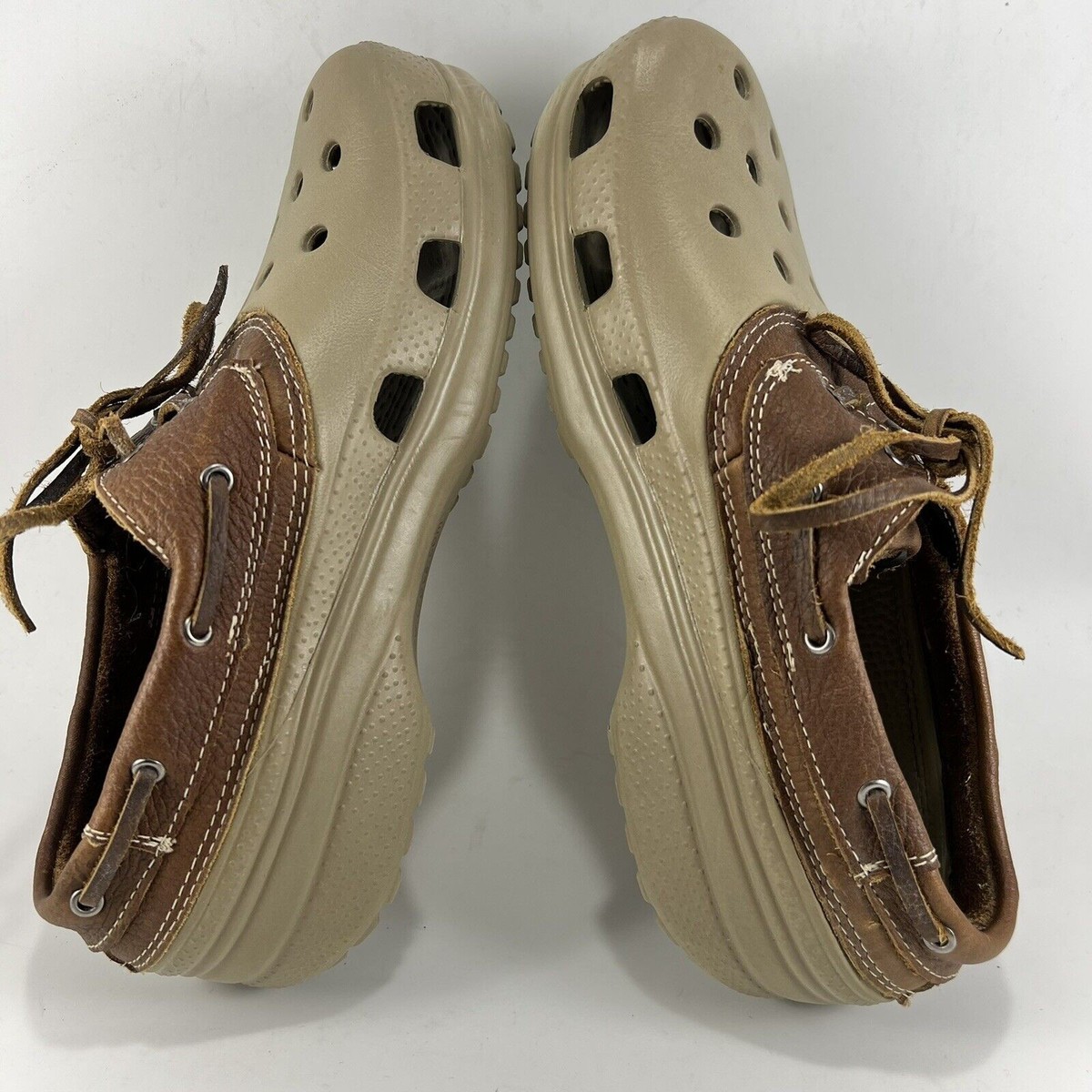 Crocs Islander Pit Crew Boat Shoes Mens Size 6 Brown Leather Upper