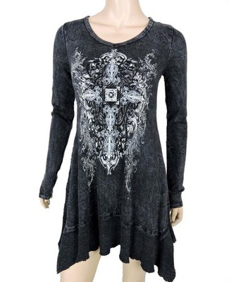 New Vocal Women Long Sleeve Tunic Shirt Shark Bite Crystal Cross Mineral Wash
