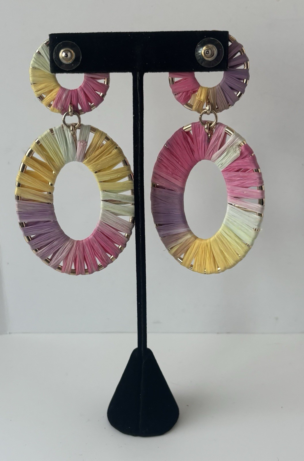 Multi-Color Raffia Statement Earrings Wrapped Dou… - image 2