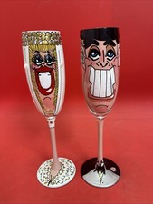 Vintage "Wedded Bliss" Hand Painted Champagne Flutes, 9" Tall