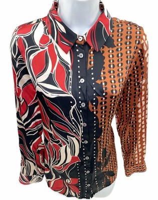 Petite Small Soft Surroundings Washable Silk Blouse Tigris Contrast Print