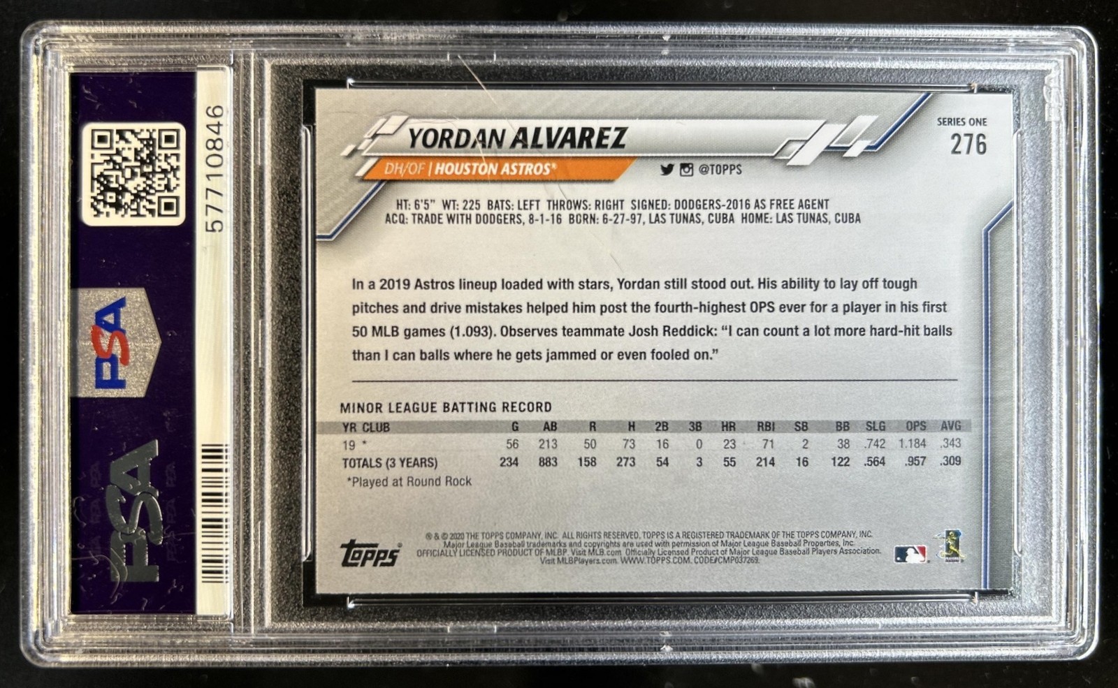 2020 Topps Yordan Alvarez RC Gold Star Rookie All-Star #276 Astros PSA 9 view 2