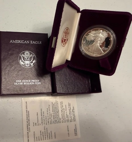 1988-S brilliant gem PROOF American SILVER EAGLE with case, box & COA. Pf ASE
