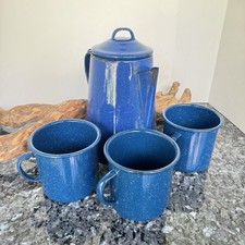 Vintage Blue Speckled Enamelware Percolator Coffee Pot Mugs, Camping Set Of 4