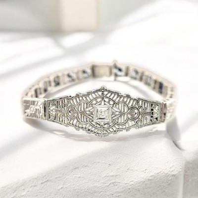 Antikes Art Deco Armband 14k Weißgold Altschliff Diamant filigran