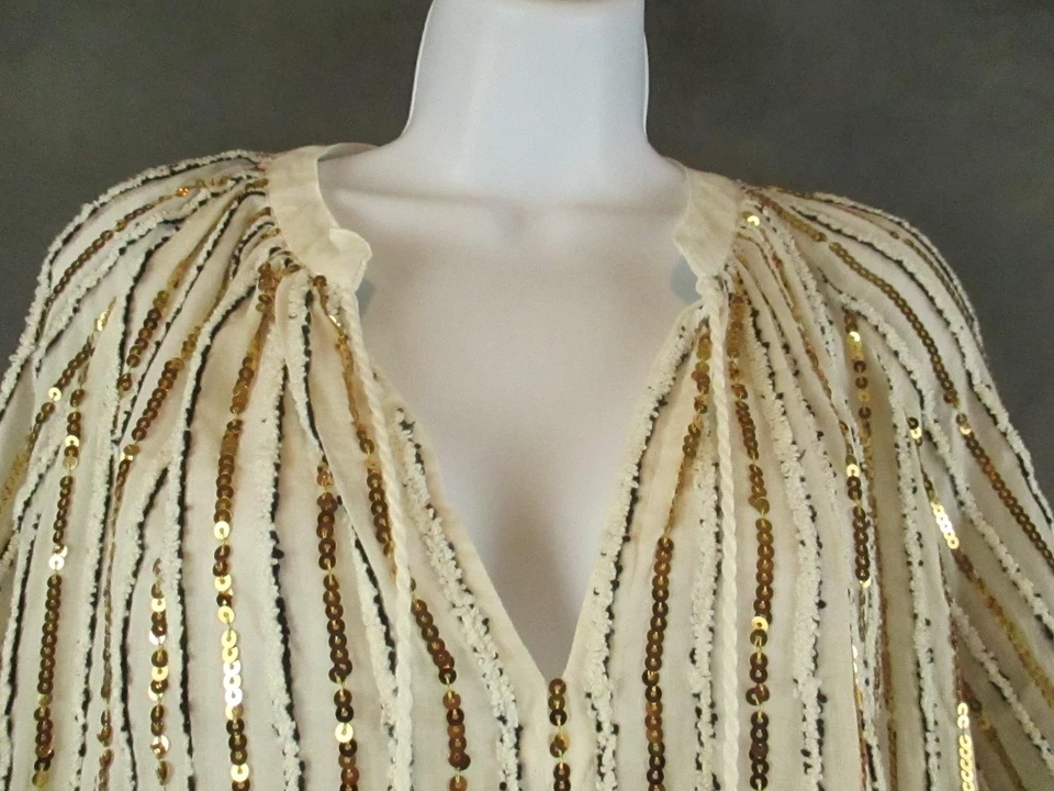 Blusa Johnny Wade Jade Mujer Mediana Marfil Dorado Lentejuelas Rayas Borla Boho Foto 2 de 4