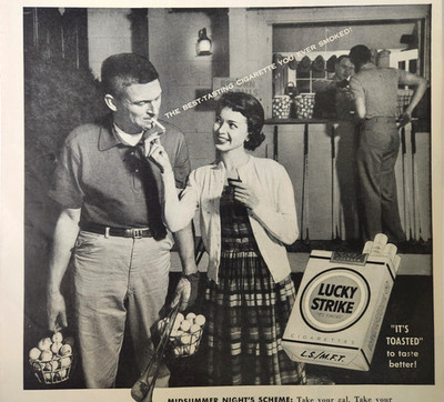 Golf Date Couple Luckies Lucky Strike Cigarette Vintage 1955 Magazine Print Ad