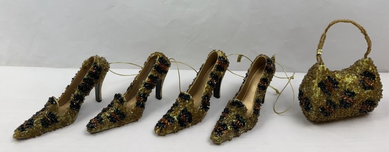 (5)  "Beaded" Fashion Accessory Christmas Ornaments -Leopard Print Shoes & Purse