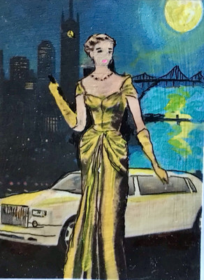 Original Art ACEO Painting VINTAGE FASHION VOGUE Haute Couture 2.5x3.5