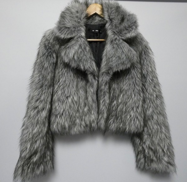 RU MU Women's Faux Fur Coat Size 1 AUS 8 Open Front Jacket Lined,Grey Good Con.
