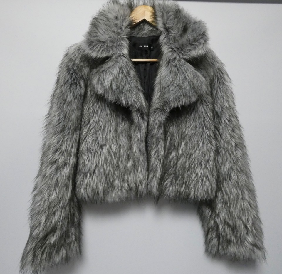 RU MU Women's Faux Fur Coat Size 1 AUS 8 Open Front Jacket Lined,Grey Good Con.
