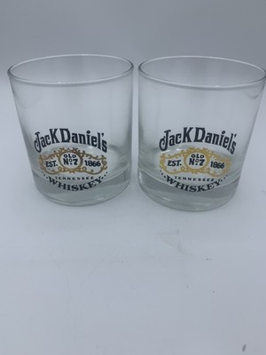 Jack Daniels Whiskey Set of 2 Rocks / Lowball Glasses  Gold & Black Old No.7