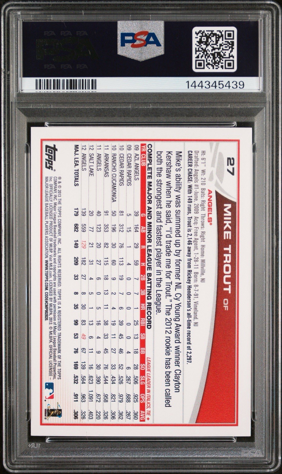Topps 2013 Mike Trout Sliding Emerald Foil Parallel #27 PSA 9 view 2