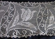 Vtg Tulip Filet Crochet Runner 59x14 No holes Cottagecore Farmhouse Granny Chic
