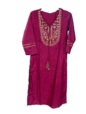 Indian Kurta Tunic Boho Purple Women s S Gold Stitching VNeck Tassels 3/4 Sleeve