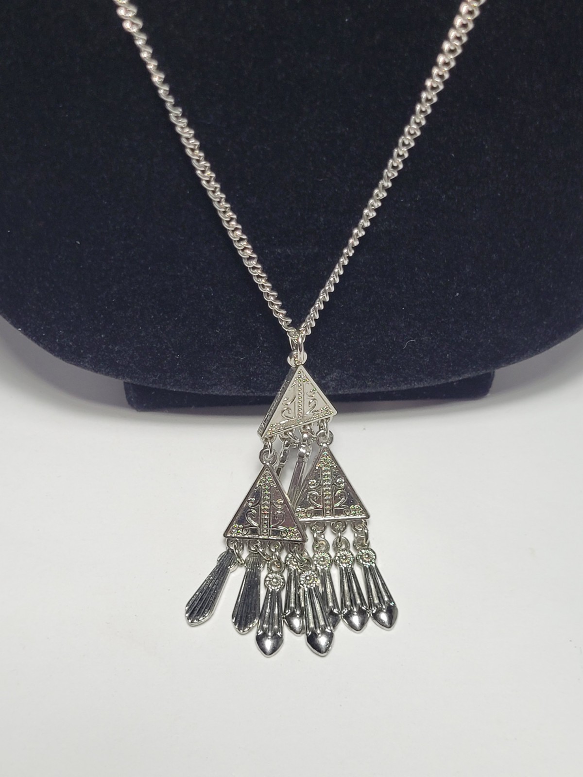 Silver Tone Triangular Dangle Pendant Necklace Et… - image 2