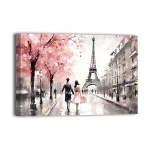 Paris Canvas Wall Art Pink Eiffel Tower Picture Wall Decor Couple in Street P...