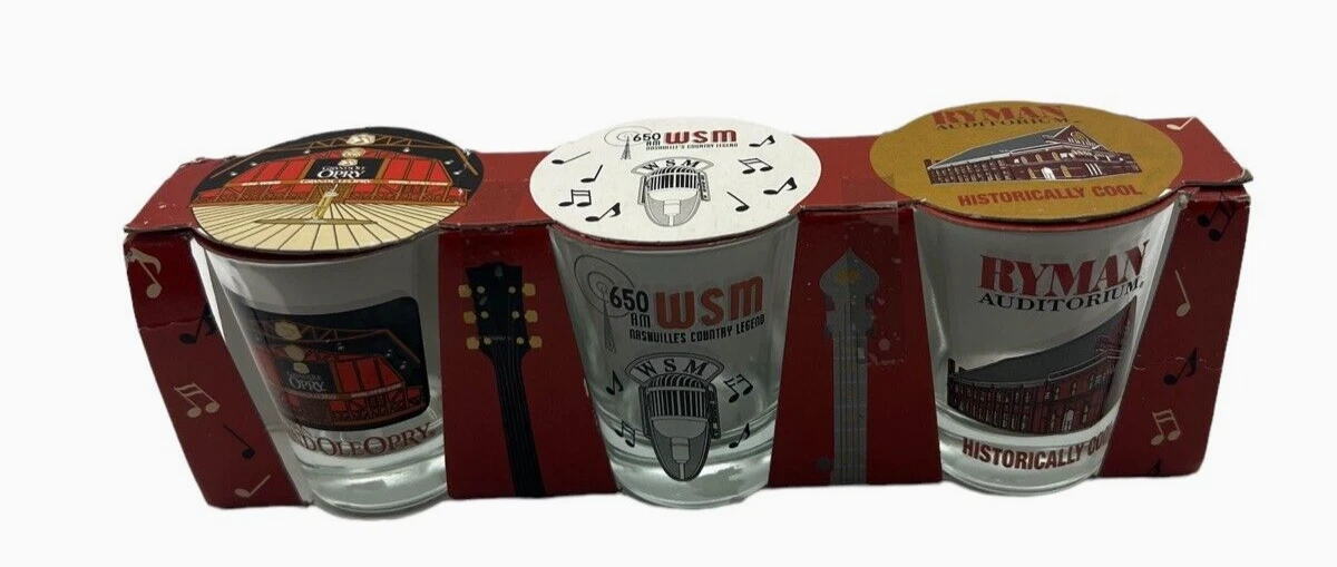 Set Of 3 Souvenir Shot Glasses Grand Ole Opry 650 AM WSM Ryman Auditorium New