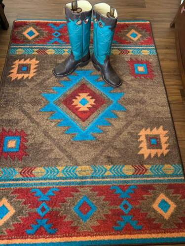 Whiskey River Turquoise Southwestern Ranch Country Farmhouse Area Rug 5'4"x7'8" - Picture 1 of 5