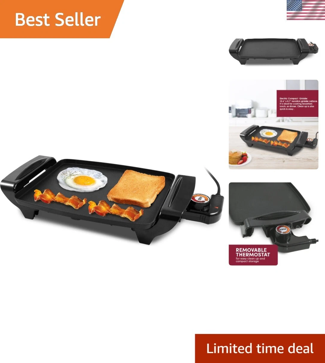 Non-Stick 10.5" x 8.5" Electric Griddle with Cool-Touch Handles & Warming Tray