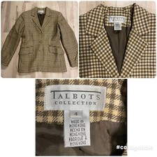 Vintage Talbots Collection Wool Houndstooth Blazer Size 4 Brown Tan Academia