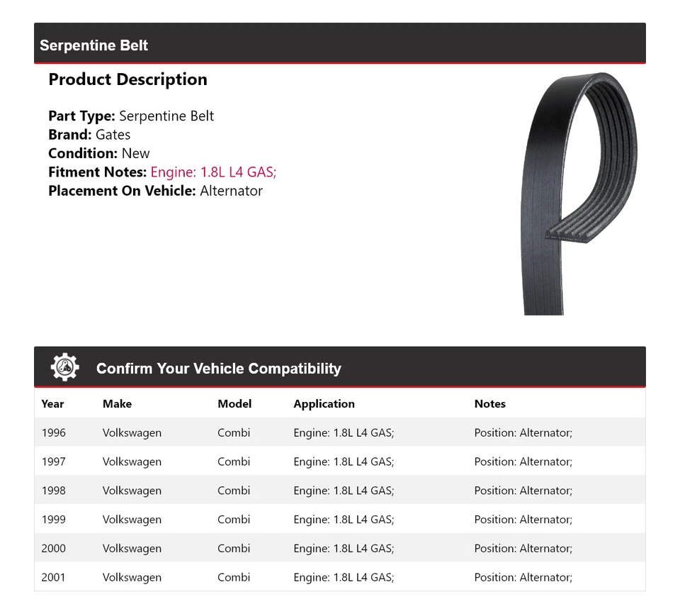 Para Volkswagen Combi 1996-2001 1,8 L L4 GAS Serpentine Belt Alternator Gates 1997 Foto 2 de 4