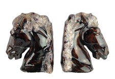 Brown Drip Glaze Ceramic Horse Head Bookends Pair Stallion Equestrian Bust 7"