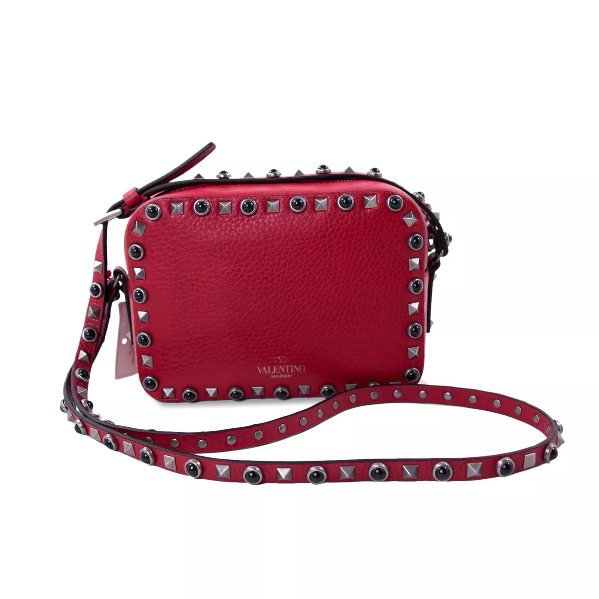 VALENTINO light red leather ROCKSTUD CAMERA Shoulder Bag at