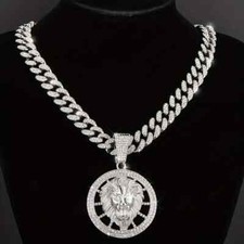 LION HEAD MEDAL PENDANT 20" ICED CUBIC ZIRCONIA CUBAN CHAIN HIP HOP NECKLACE