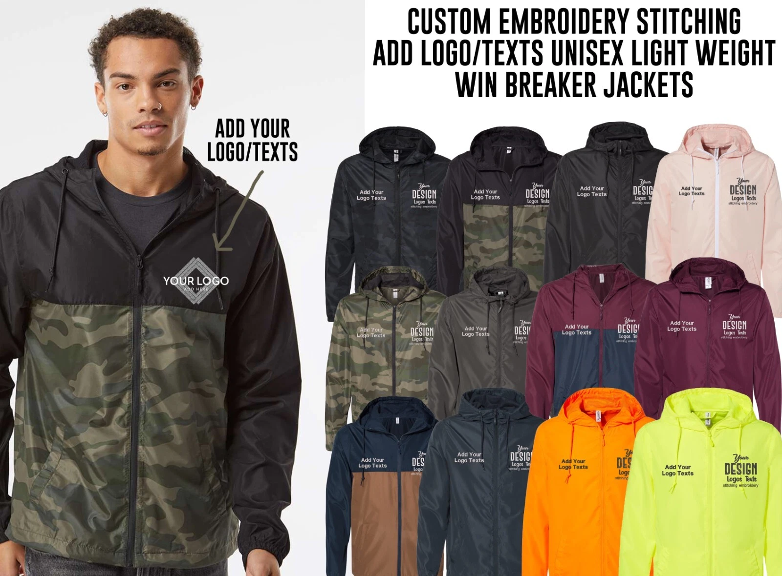 EXP54LWZ Unisex Custom Personalized Logo Texts Windbreaker Full Zip Jackets