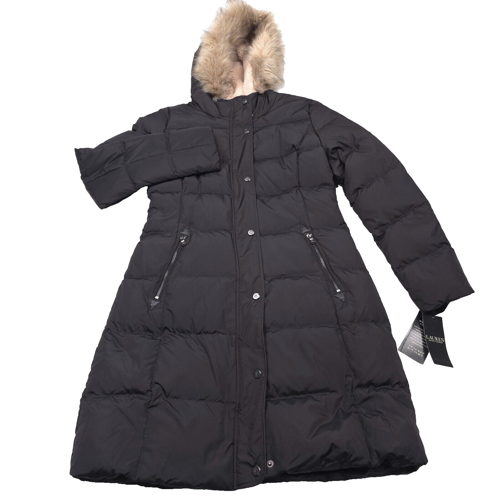 LRLRalphLaurenBlackFauxFurHoodLongDuckDownJacketWomensSizeSmall