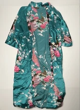 Babeyond Women’s Robe Kimono Belted Satin Green Floral Peacock